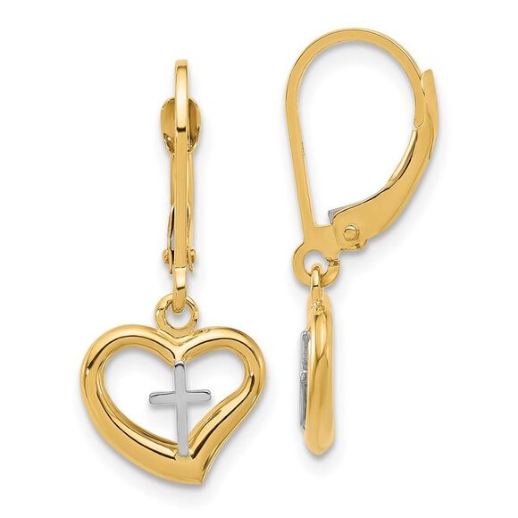 Kazi Luxury 14K Two-tone Polished Cross in Heart Leverback Dangle Earrings